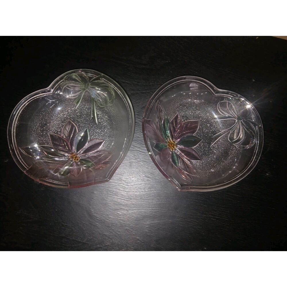 2 Mikasa Christmas Candy Nut Dishes Poinsettia Ribbon Heart Clear Holiday 5.75"